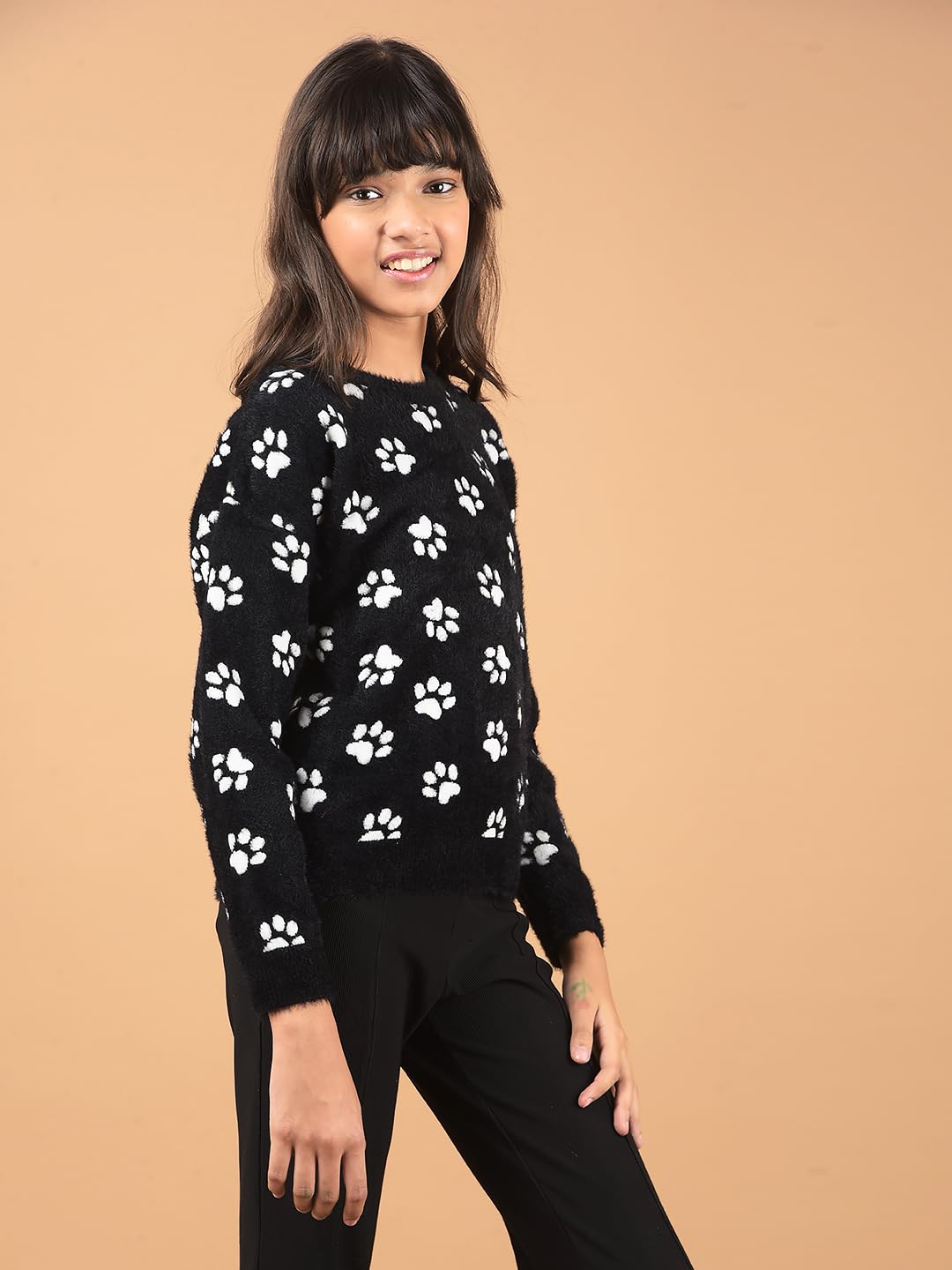 Crimsoune Club Girl's Black Printed Fur Sweater (5-6Y) 1