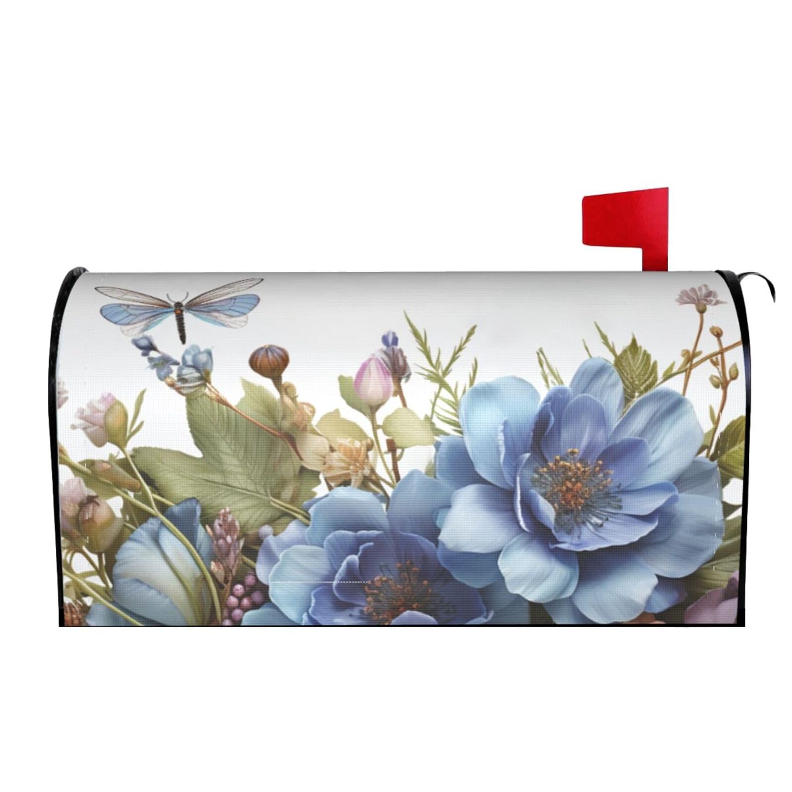 Spring Summer Mailbox Covers Magnetic Letter Post Box Cover Blue Flowers and Dragonfly Mailbox Wrap Decoration Mailbox Post Cover for Garden Yard Outside Welcome Decor 21x18 in