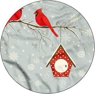 Round Edge Closing Tablecloth, Red Birds Elastic Edged Tablecloth, Tree Branches Snowy Night, Fit Round Tables 61inch Diameter, for Indoor Outdoor Fits, Multicolor