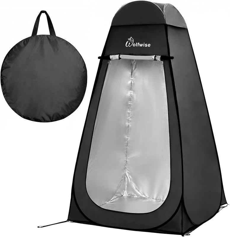 Cort de duș pop-up WolfWise PRO pentru camping, negru, impermeabil, portabil, cu bază, compartiment de depozitare, design cu ușă tip T
