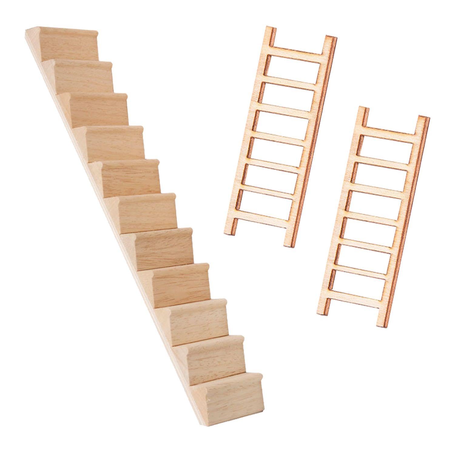 1 Mini Staircase And 2 Mini Ladders, Wooden Miniatures, Dollhouse Decorations, Children'S Toys