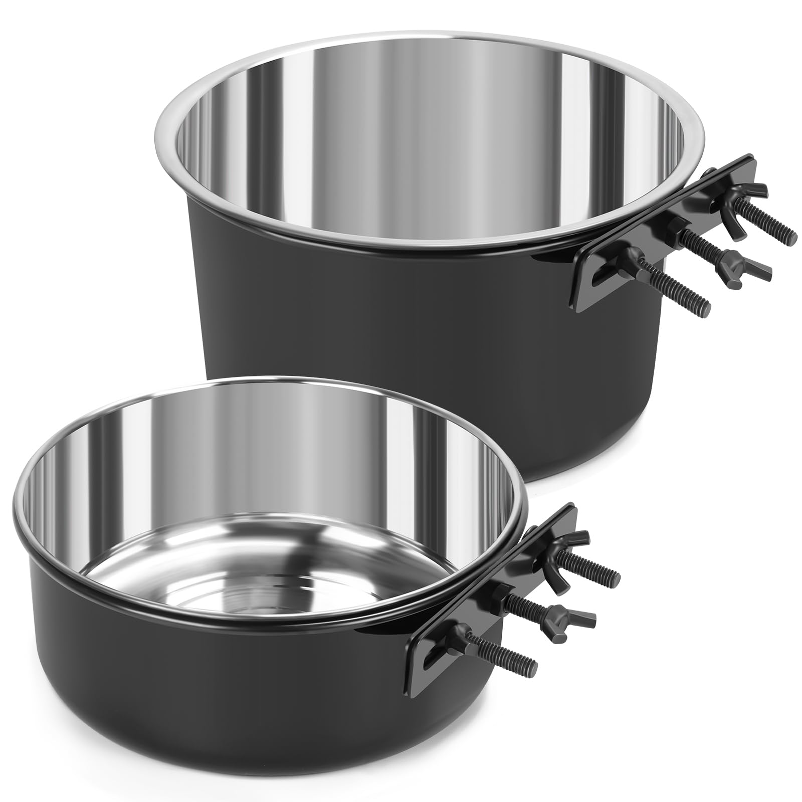 2 Pcs Large Dog Food Water Bowl for Cage with Upgraded Clamp Holder, Black Pet Kennel Hanging Bowls Stainless Steel Non-Spill Detectable Bowls Crate