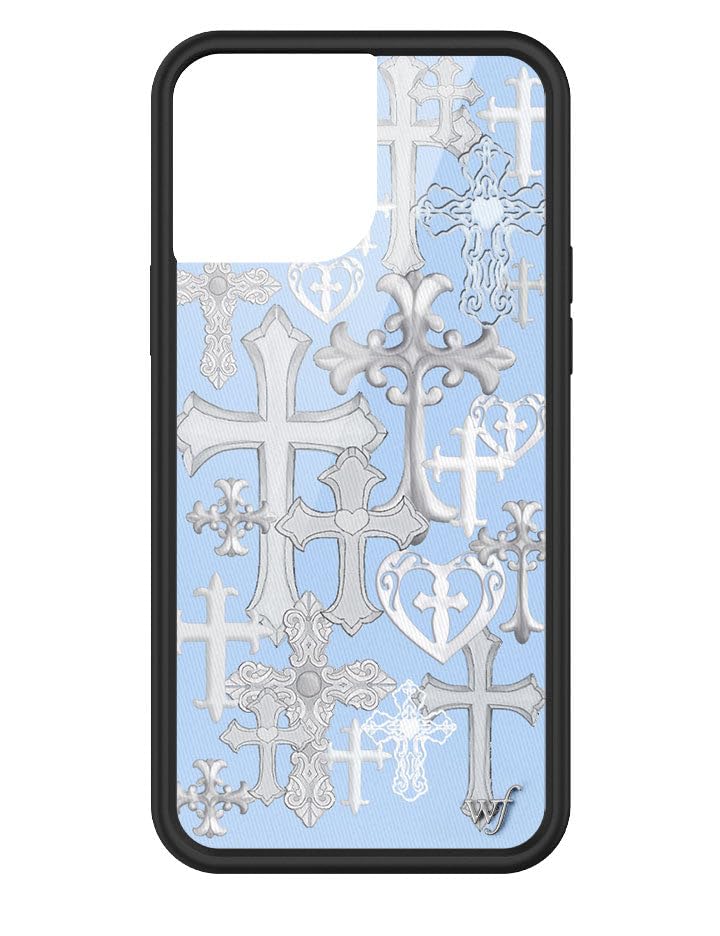 Wildflower Cases - Compatible with Apple iPhone 13 Pro Max | Protective Black Bumper, 4ft Drop Test Certified, Women Owned Small Business | Cross Girl - Trendy Cute Goth Blue Silver Crosses