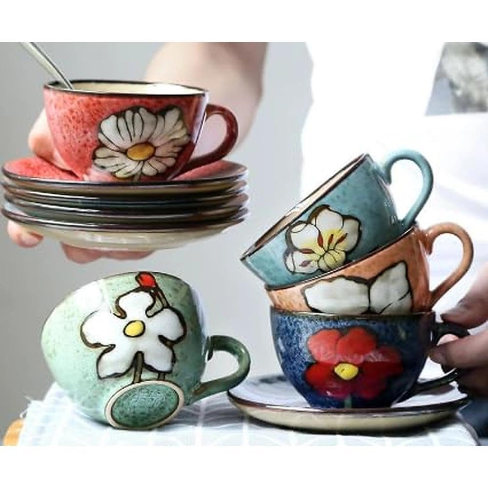 Cappuccino-Tassen mit Untertassen, 237 ml, Keramik-Kaffeetassen, Latte Espressotassen mit Blumendesign, buntes Kaffeetassen-Set für Cappuccino, Latte, Mokka (4 Farben)