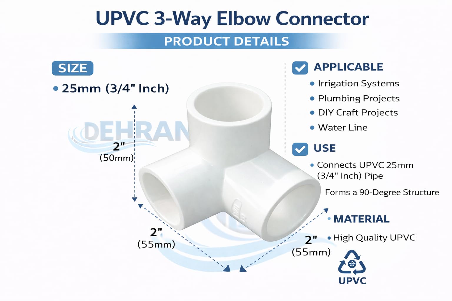 UPVC 3 Way Elbow Fitting - 3/4" Inchi (25mm) -3 UPVC 3 Way Elbow Fitting - 3/4" Inchi (25mm) -3