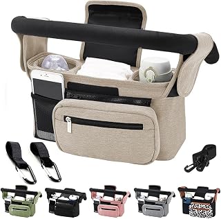 Baby Stroller Organizer, Universal Stroller Organizer with Detachable Phone Bag, Stroller Caddy with 2 Insulated Cup Holders, Buggy Organizer Bag with 2 Hooks Fits Most Strollers (White)