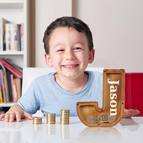 Miniatura 6 de ALBK (J) Alcancía personalizada para niños, alcancía con letras del alfabeto personalizadas, letras de madera de la A a la Z, juguetes de
