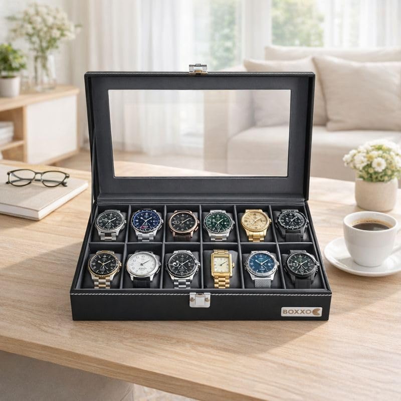 Image of BOXXO 12 Slot Watch Organizer Box for Men & Women - Premium PU Leather Watch Case, Soft Velvet Cushions & Glass Lid Display, Elegant Storage Box - 34x20x8 cm (Black & Black (Transparent), 12 Slots)