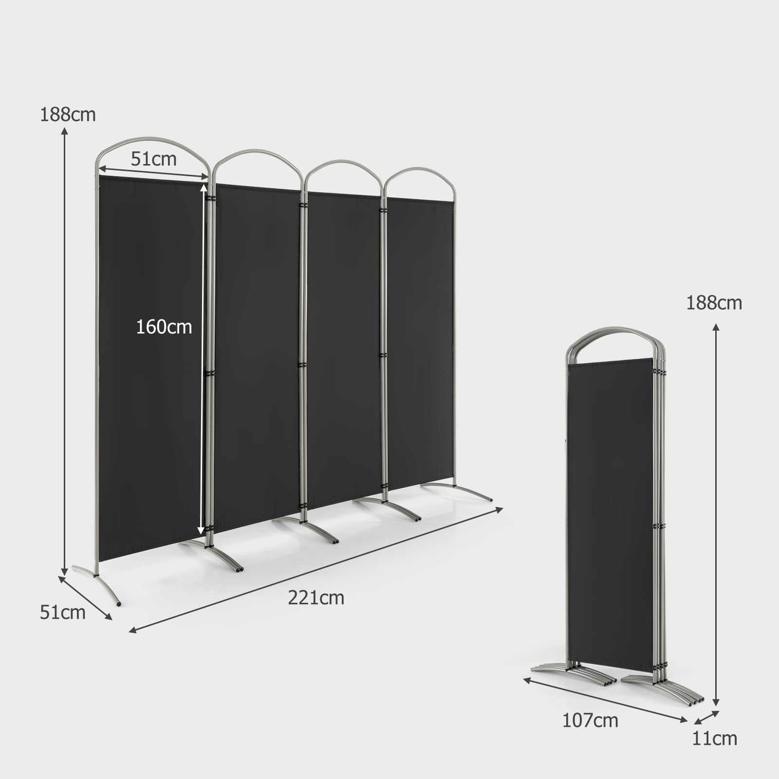 LIFEZEAL Biombo Divisor Plegable, Separador de 4 Paneles 188cm, Pantalla móvil, Pared divisoria, Marco metálico, Base Estable, Protege la intimidad para Interior y Exterior, Negro