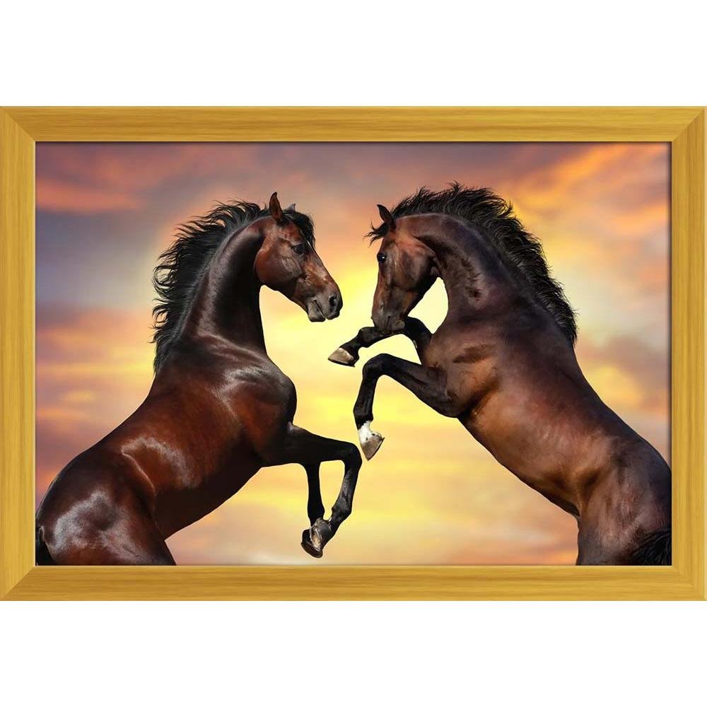 ArtzFolio Two Bay Stallion With Long Mane Canvas Painting Golden Wood Frame 17 X 12Inch