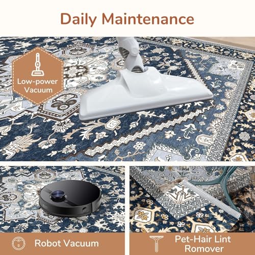 OPPODREAM Soft 6x9 Area Rugs, Washable Rug 6x9 with Non Slip Backing, Faux Cashmere Low-Pile 6 x 9 Carpet, Navy Blue & Gold