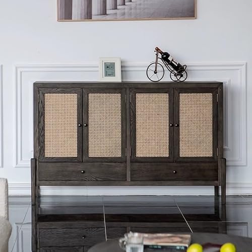 DUBTEDHOU Chinese Solid Wood Sideboard Kitchen Cabinet, Four-Door Rattan Wood Storage Cabinet Buffet Sideboard 62.99x17.71x39.37 Inch - Image 8