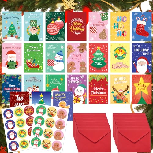 Juego de 24 Tarjetas de Navidad con sobre, juego de 24 tarjetas postales de Navidad, plegables, tarjetas de felicitación de Navidad, con pegatinas, ideales para regalos, colegas, familia y saludos