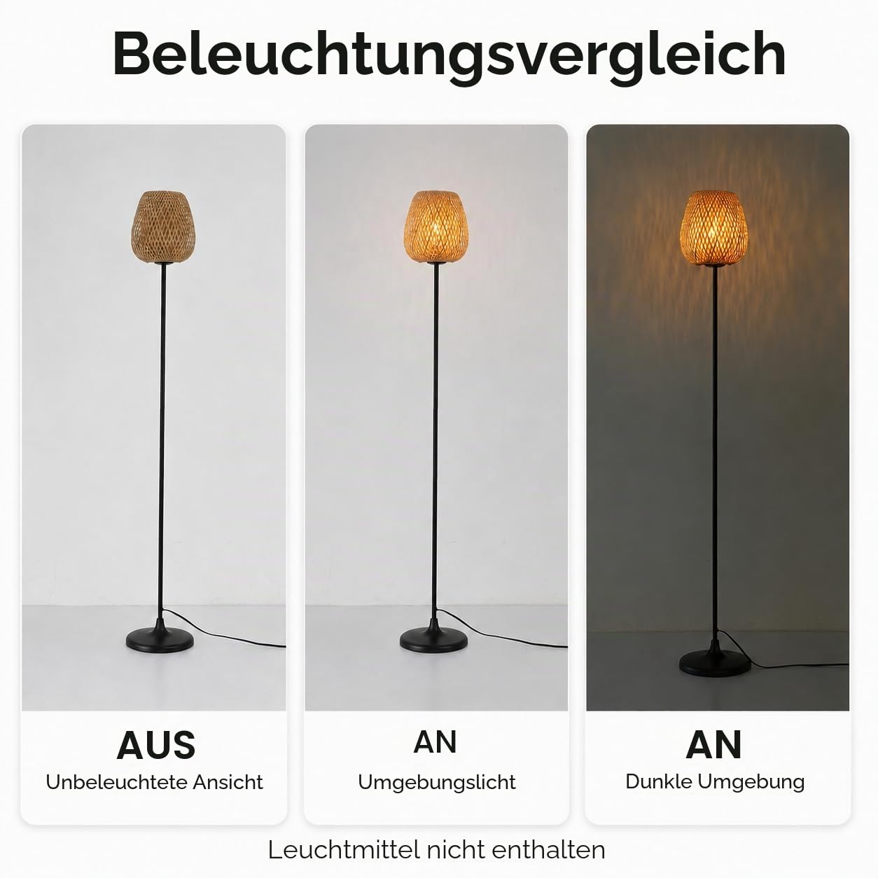 Alpinaluz Stehlampe E27 Naturschirm Weide Bambus Schwarzer Fuß | Handgeflochtener Schirm und schwarzer Metallfuß, nordischer Boho-Stil für Wohnzimmer, Schlafzimmer, Sofa und Leseecke