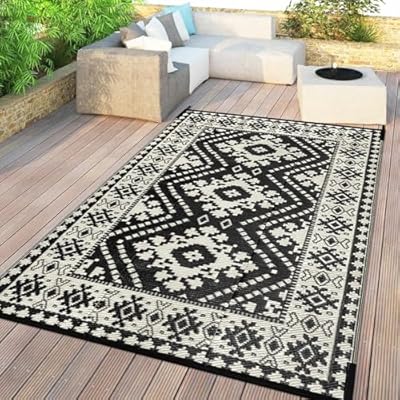 Uphome Outdoor Rug 6x9 ft, Reversible Waterproof Patio Rug, Boho RV Camping Rug, Lightweight Foldable Camping Rug, Tribal Checkered Indoor Outdoor Area Rug for Balcony Picnic Beach, Black/Brown