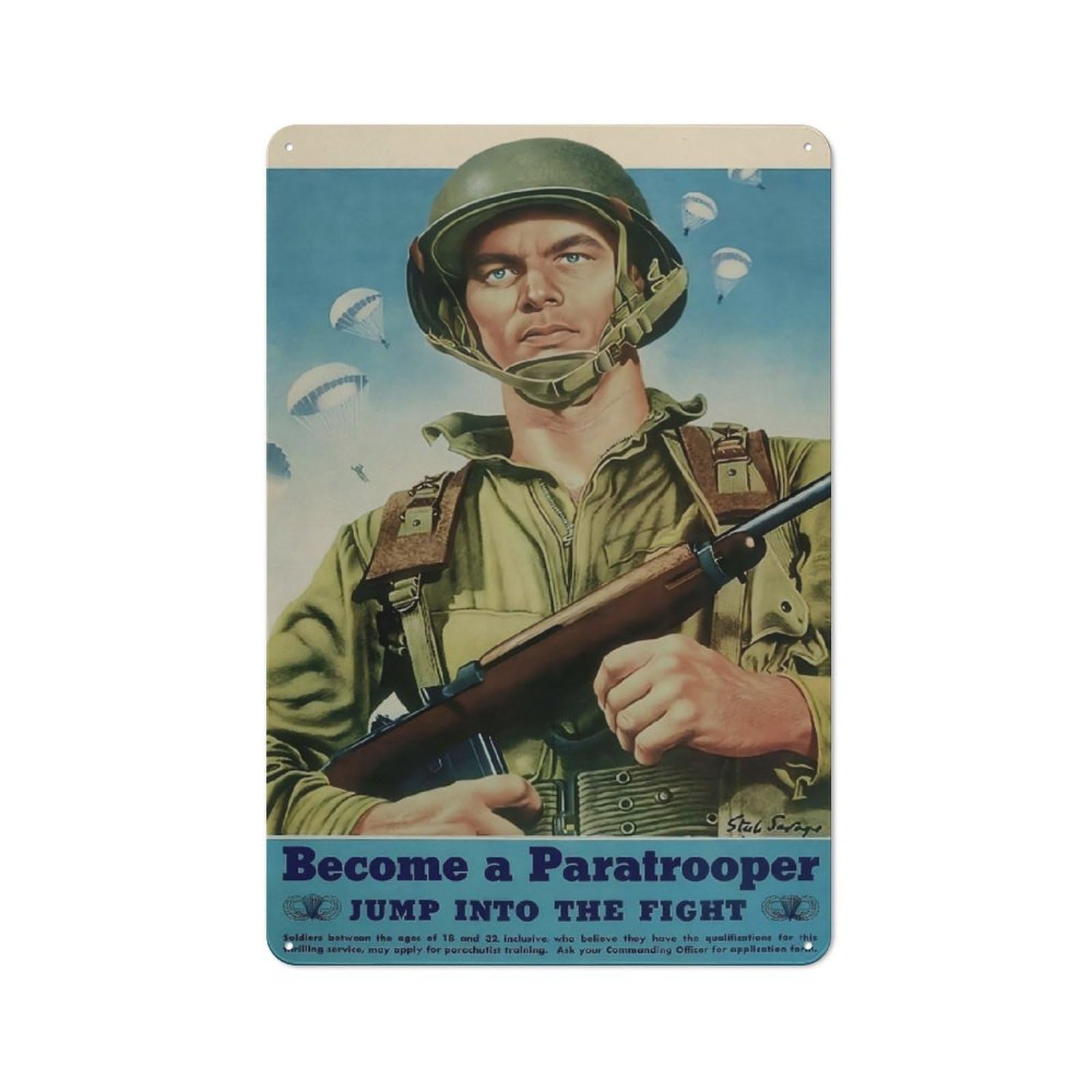 Vintage 1940s WW2 Become Paratrooper Army Airborne Recruitment Poster Metal Tin Sign Retro Wall Art Decor Man Cave Garage Home Bar Club Military History Plaque