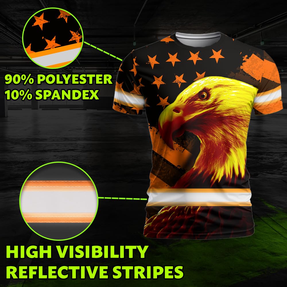 Hi Vis Shirt Orange American Flag Eagle Reflective High Visibility Custom Name Safety Workwear Short Sleeve Shirts 57 - Size L