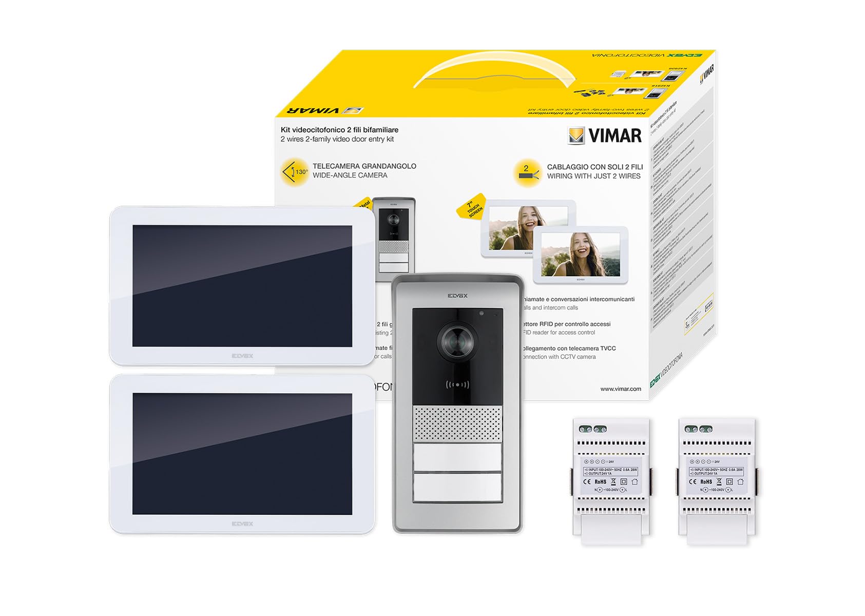 VIMAR K42936 Videosprechenalagen-Set enthält Freisprech-Touchscreen-Videohaustelefon LCD 7in, 2-Taste RFID-Klingeltableau mit Regenschutz, DIN Netzgerät, 2 Familien
