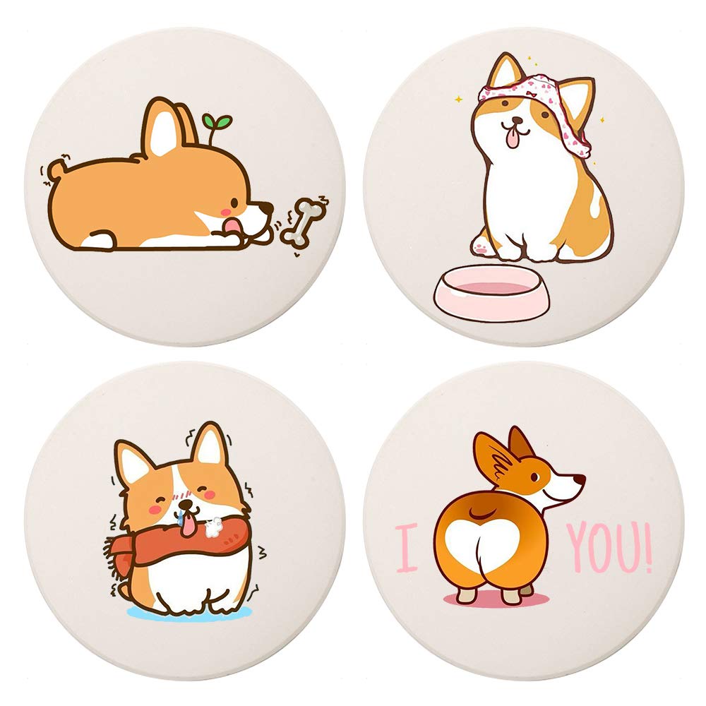 MAYCARI Cute Corgi Coasters Set of 4 with Cork Base Protection