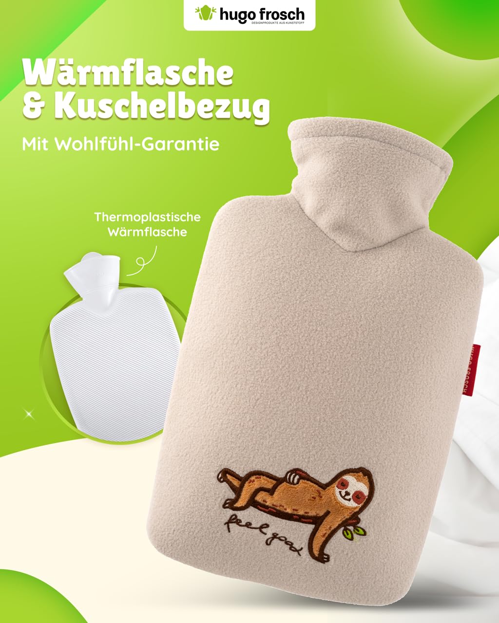 Hugo Frosch Bolsa de agua caliente clásica de 1,8 l – Fabricada en Alemania – con funda suave de forro polar "feel good" beige – botella grande a prueba de fugas y sin olor – con funda lavable