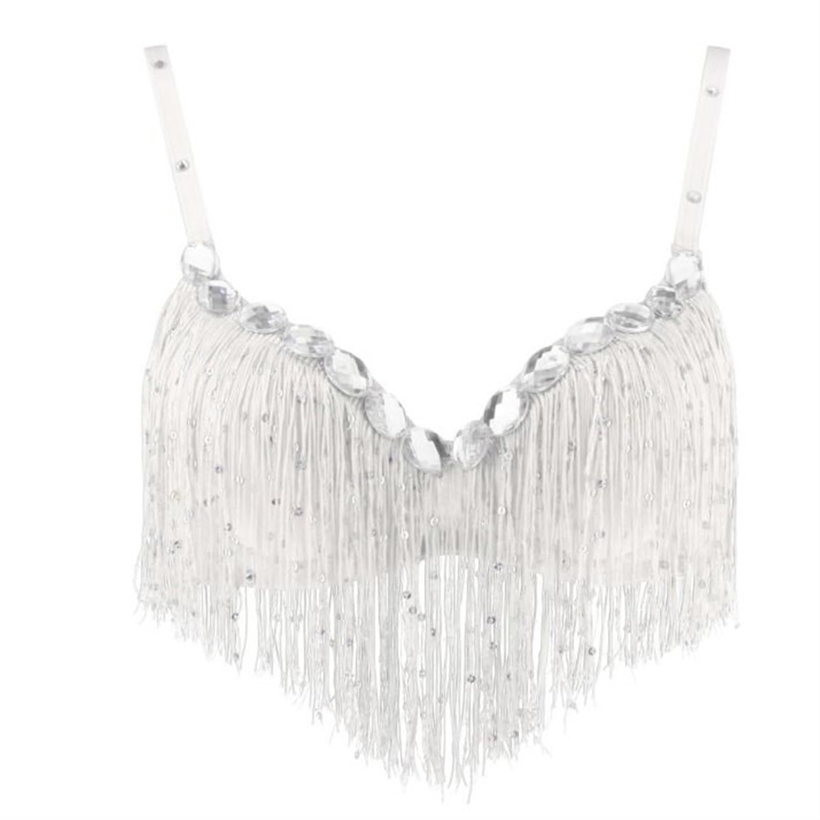LIUHLFSR Tassel Sequin Nightclub Performance Top Show Costumes Belly Dance Bra Halter for Dancing Carnival Party(White)