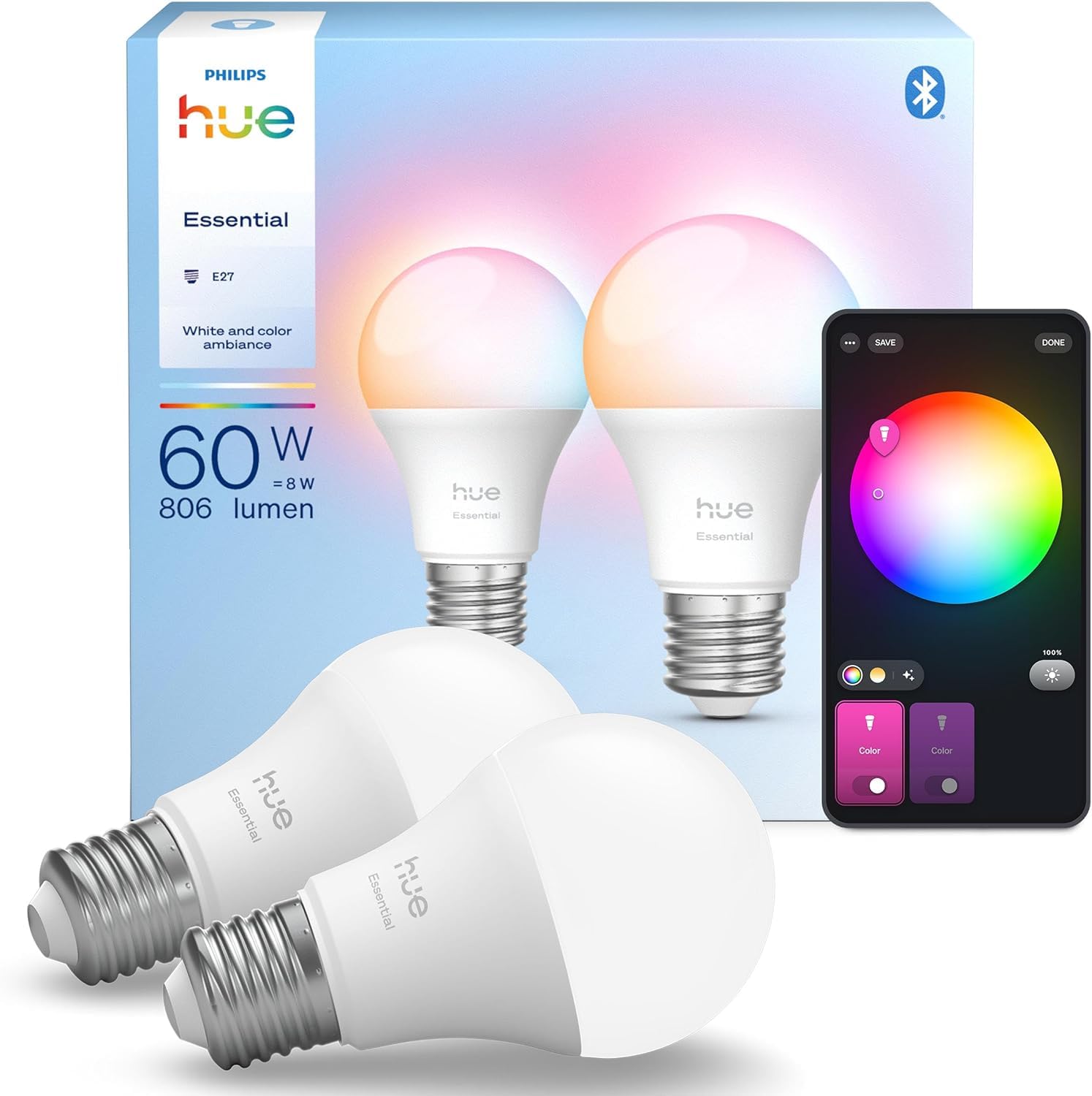 Philips Hue Essential 8W E27 806 Lumen Color Smart Lampe A60 (2er Ecopack)
