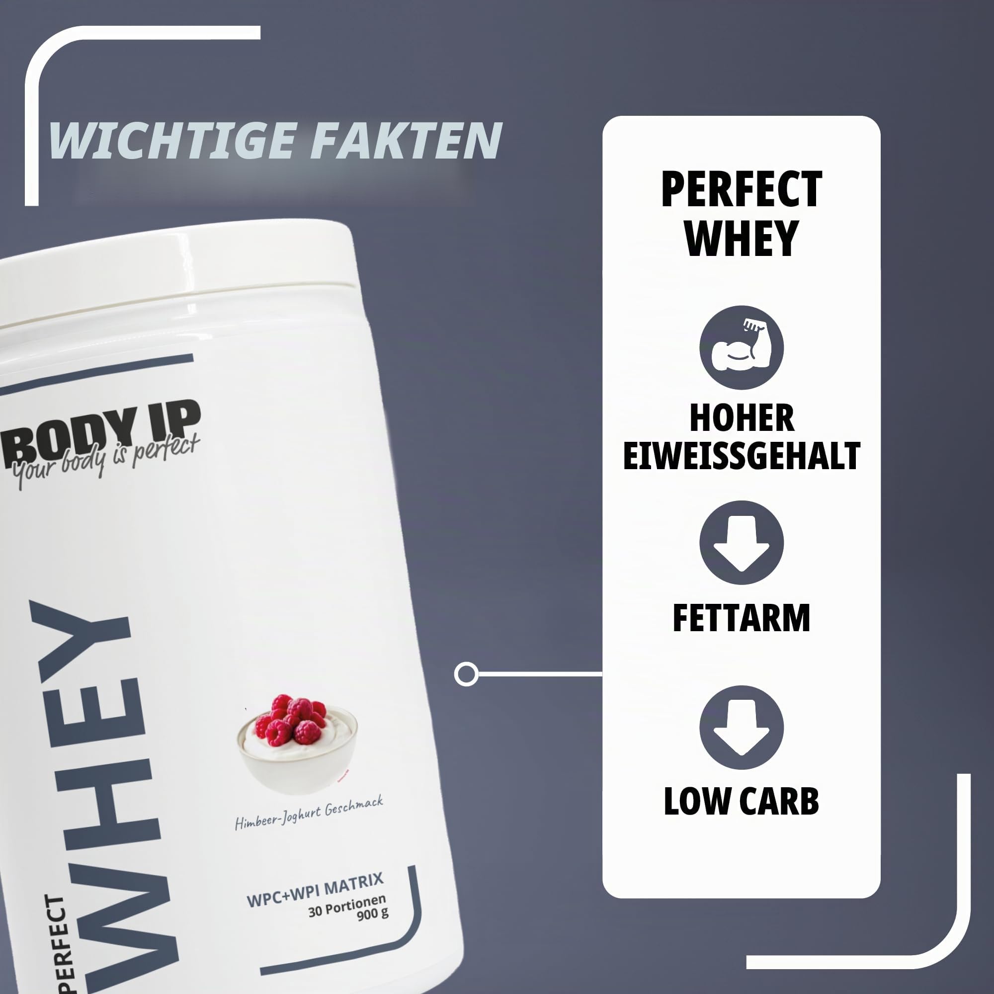 BODY IP Perfect Whey Protein Pulver | Himbeer-Joghurt | Eiweißpulver für Protein Shake & Muskelaufbau | hoher BCAA Anteil | 30 Portionen | Whey Isolat & Konzentrat | hoher Eiweißgehalt | 900g