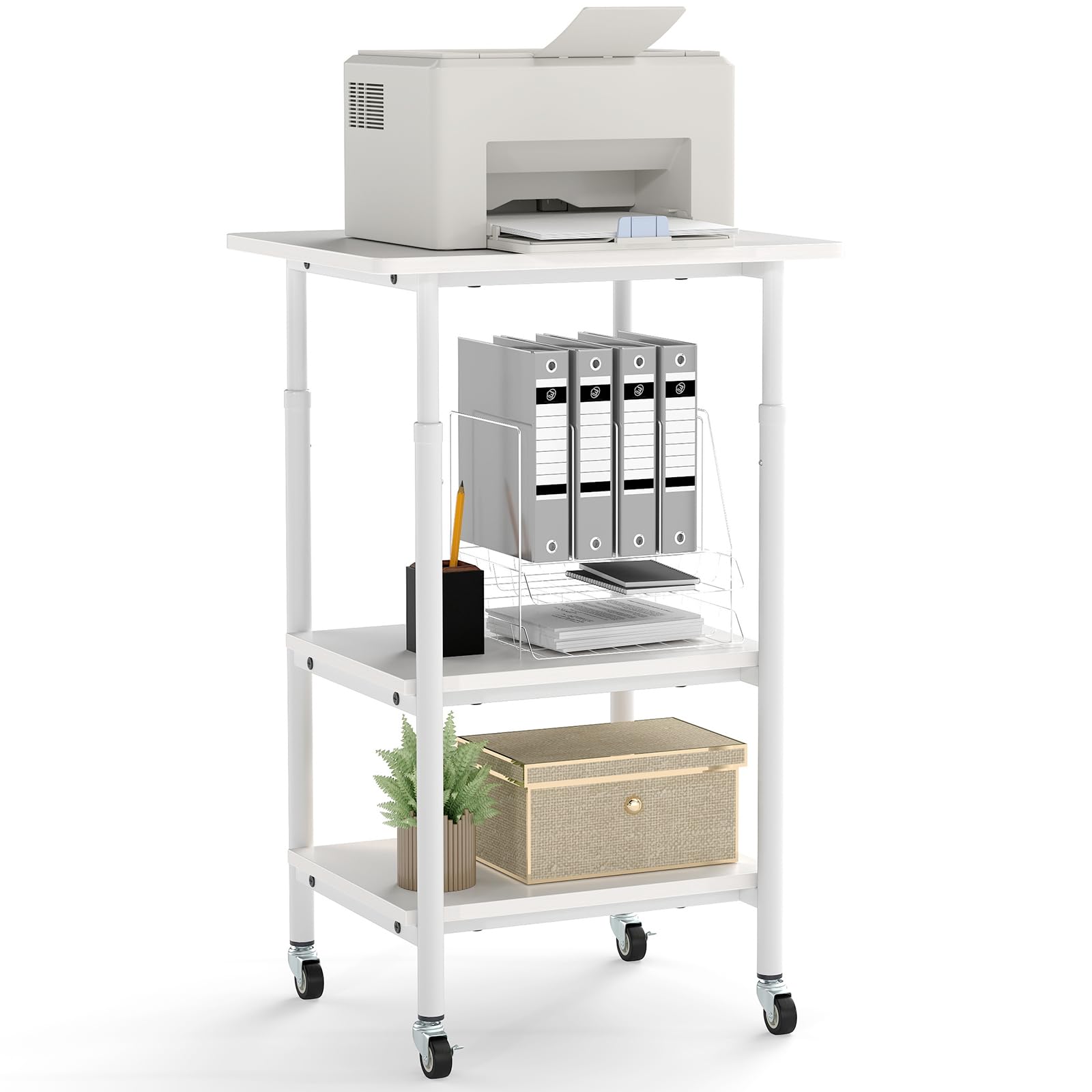 GOPLUS Soporte de Impresora de 3 Niveles, Mueble Carrito para Impresora con Altura Ajustable, Estantes de Almacenaje, Ruedas Universales Bloqueables, Mesa Lateral Móvil para Escáner Oficina (Blanco)