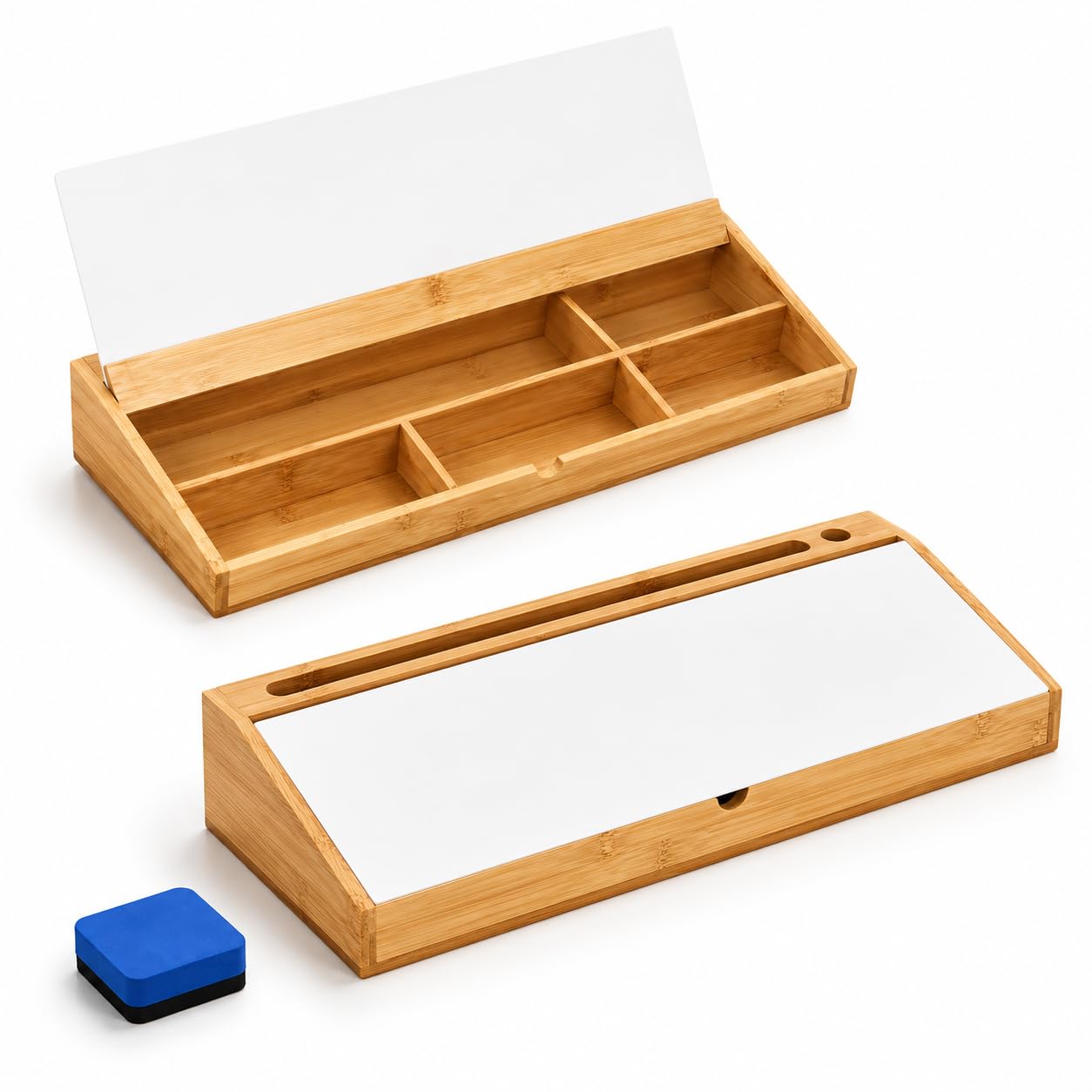 Organizador de escritorio de bambú con pizarra blanca, 45 x 18 x 6 cm, varios compartimentos, tapa para notas, oficina en casa