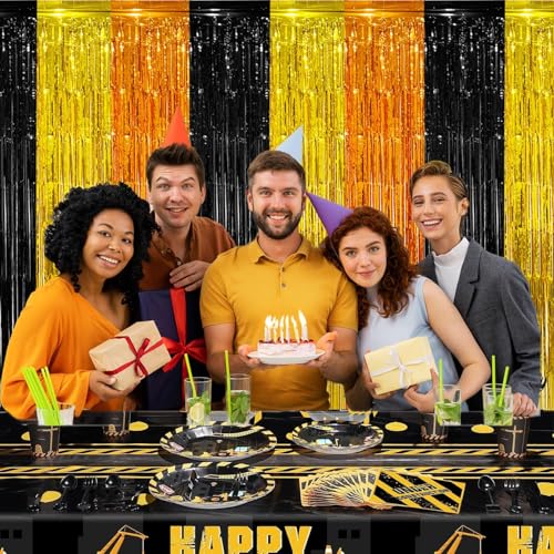 Image of 2 Pack Construction Foil Fringe Curtains Backdrop Birthday Party Decorations Supplies, 3.28 x 6.56 Ft Yellow Orange Black Tinsel Streamer Photo Booth Props for Truck Party Decor Favors