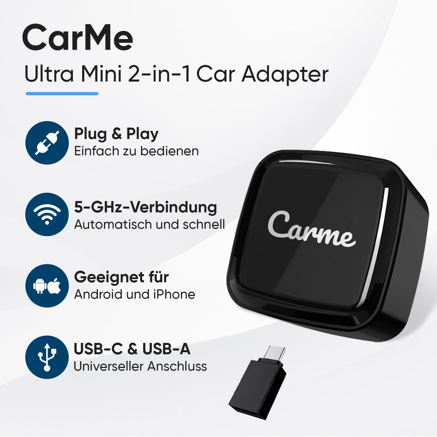 CarMe Ultra Mini 2-in-1 CarPlay Wireless Adapter & Android Auto Wireless Adapter, wandelt kabelgebundenes CarPlay & Android Auto in kabellos um, Easy Plug & Play für iOS 10+/Android 11+ (Schwarz)