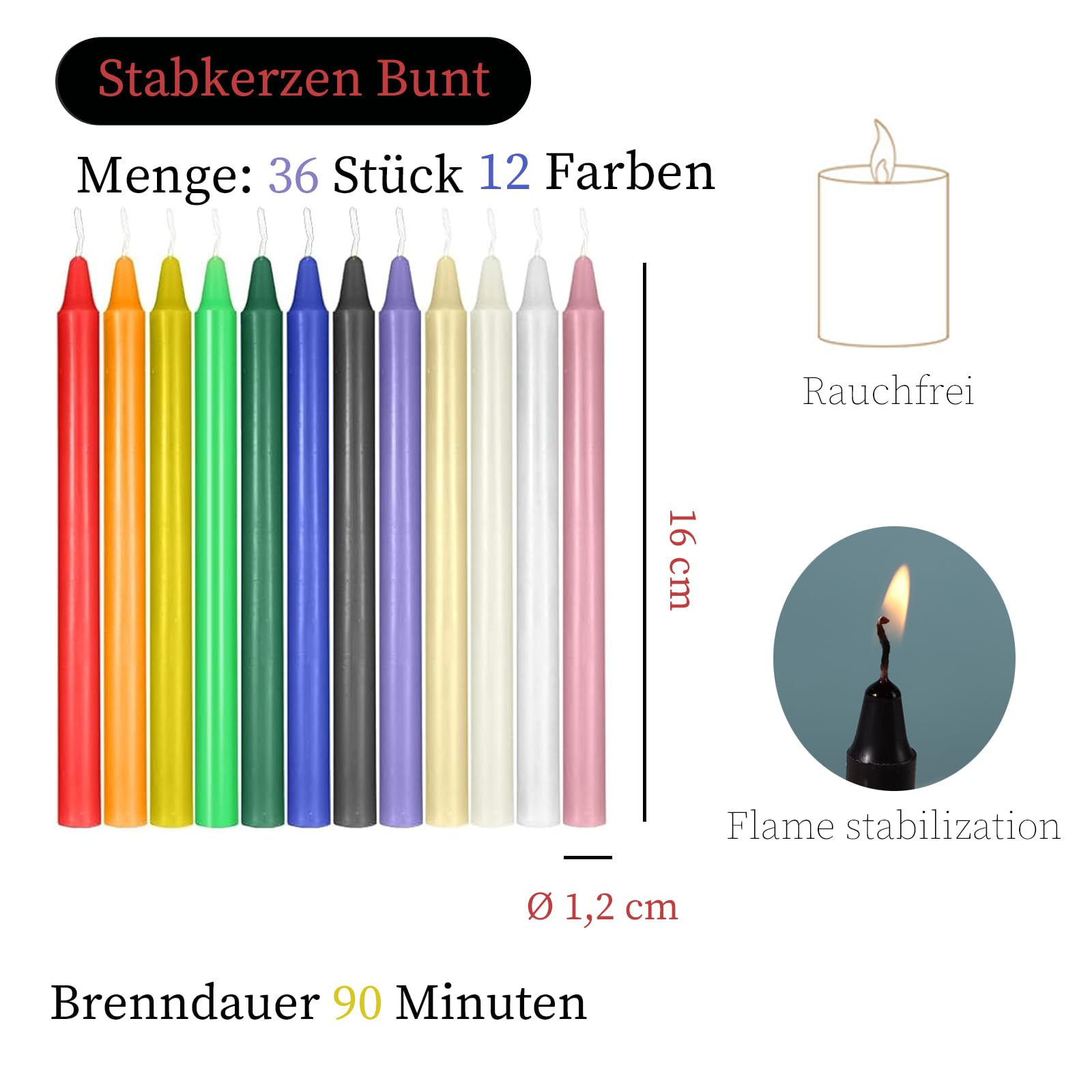 YIMETOP Stabkerzen 24 Stück Bunt - 16cm Höhe Für Tischdeko & Feiern