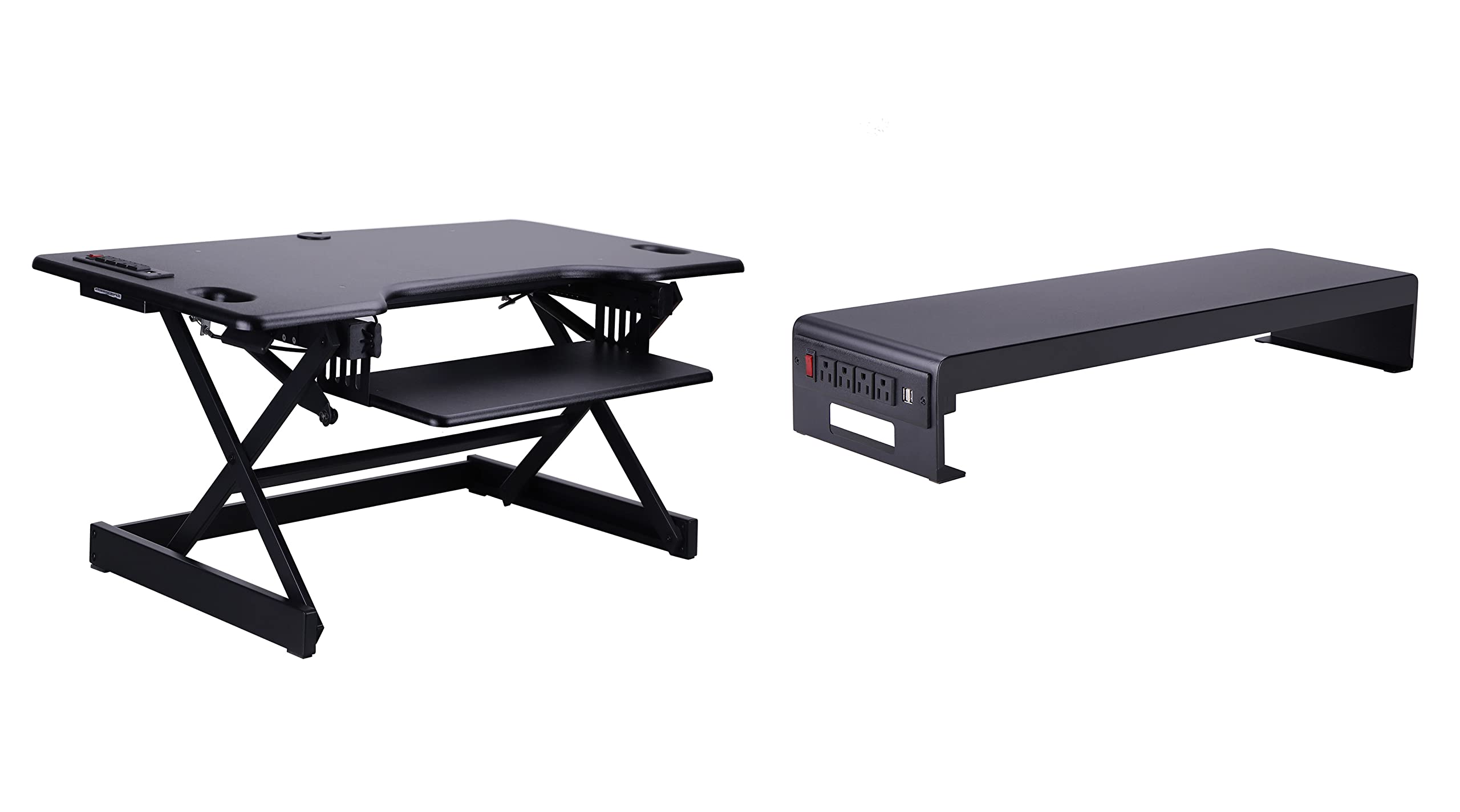 Rocelco 46" Standing Desk Converter with AC USB Charger and Dual Monitor Stand - Height Adjustable Three Screen Riser Computer Workstation - Sliding Keyboard Tray - Black (R DADRB-46-ACUSB-DM3)