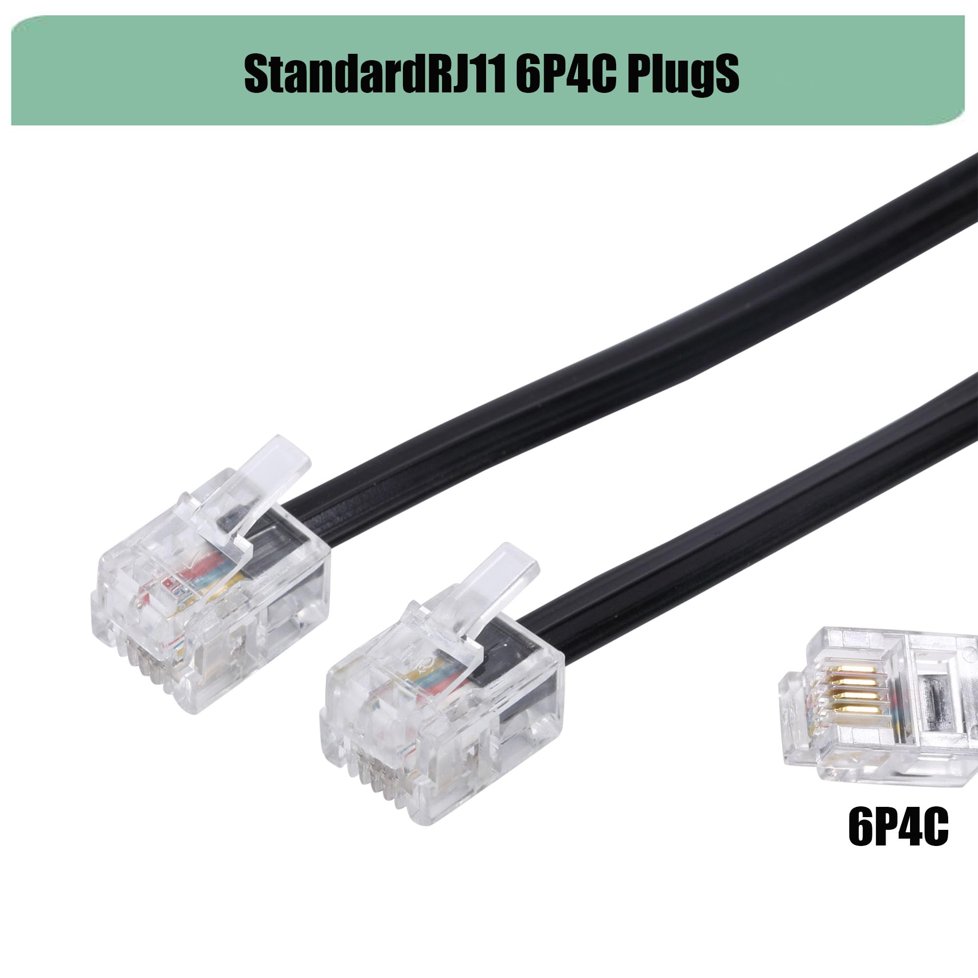 Langes Telefon-Verlängerungskabel, Telefonkabel, Leitungsdraht, mit Standard-RJ11-Stecker und 2,5 cm-Kupplungen und 30 Kabel-Clip-Haltern, Weiß, 1,8 m, 3 Stück, Schwarz