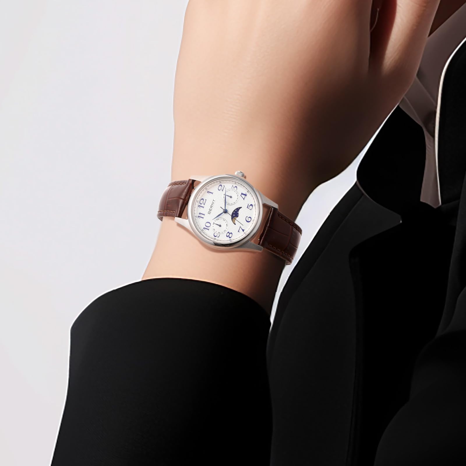 BERNY Orologio al quarzo per le donne Fasi lunari Orologi da polso da donna Facile lettura Numeri arabi Quadrante Analogico Orologi Sub-dail con Data Calendario Giorno Cinturino in pelle Genuine