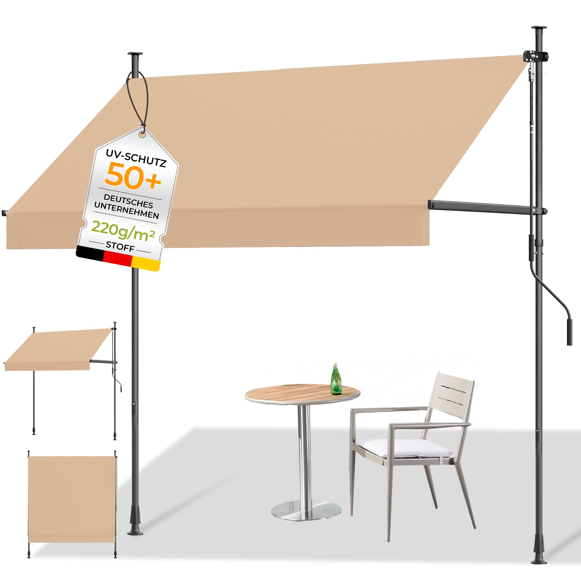 HOMEDEMO Klemmmarkise mit Einstellbare Handkurbel, Balkonmarkise ohne Bohren, Markise Sonnenschutz, UV-beständig & höhenverstellbar für Outdoor, Terrasse, Balkon, Garten