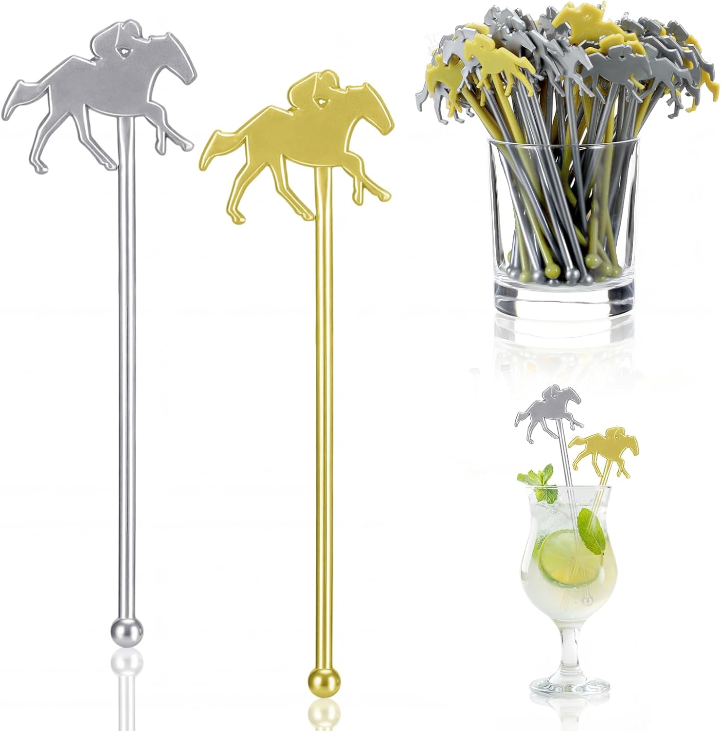 30 Pcs Derby Decorations Drink Stirrers 6 Inch, Gold, Silver