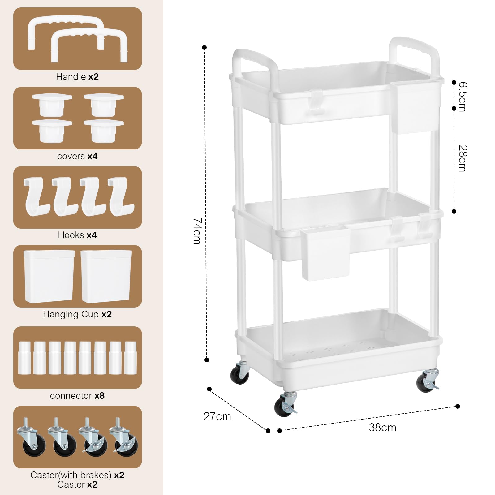FoiiLiio Carrello Cucina a 3 Ripiani,Carrello portaoggetti,Carrellino con Ruote Portatutto con 2 Piccoli Organizzatori,Stoccaggio Carrello,Portaoggetti Multifunzionale per Bagno,Ufficio,Bianca