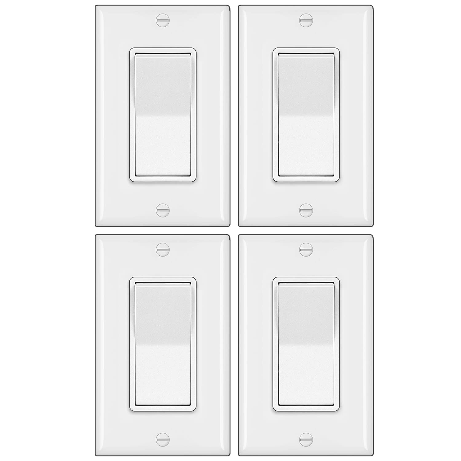 BESTTEN2 Pack 4-Way Decorator Wall Light Switch with Wallplate, 15A 120/277V, On/Off Paddle Rocker Interrupter, Self-Grounding, UL Listed, White