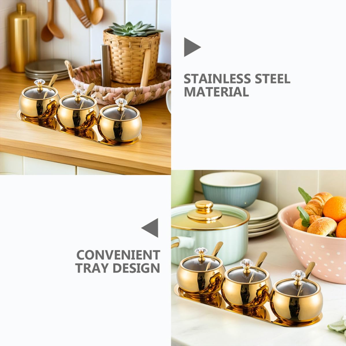 Gewürzbehälter Inklusive Tablett Satz mit Deckel und Löffel Edelstahl Moderner Stil Luxuriöse Goldene Oberfläche für Salz Zucker und Gewürze in Küche