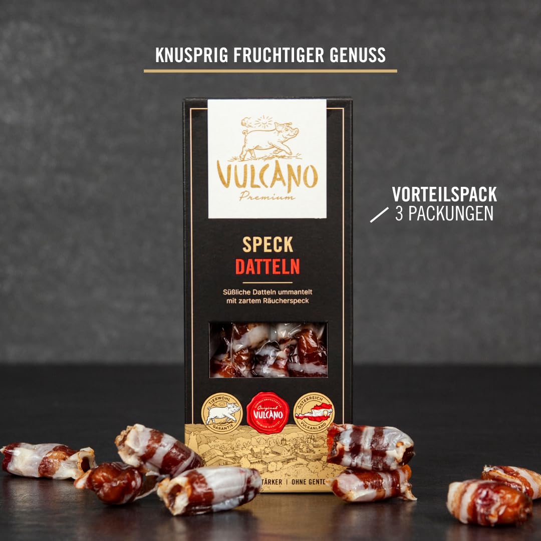 Speckfrüchte mit natürlich Zutaten aus Österreich, Datteln umwickelt mit Räucherspeck, Österreichisches Qualitätsprodukt, Antipasti, Tapas (Speckdatteln)