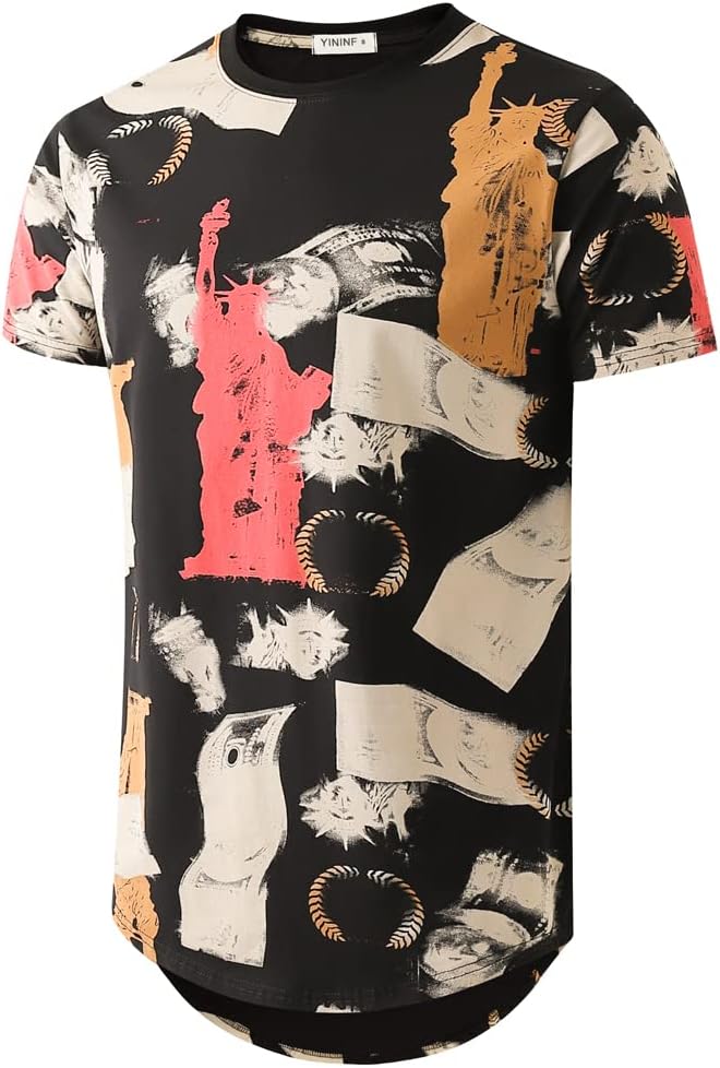 YININFMens Hipster Hip Hop All Over Graphic Longline T-Shirt