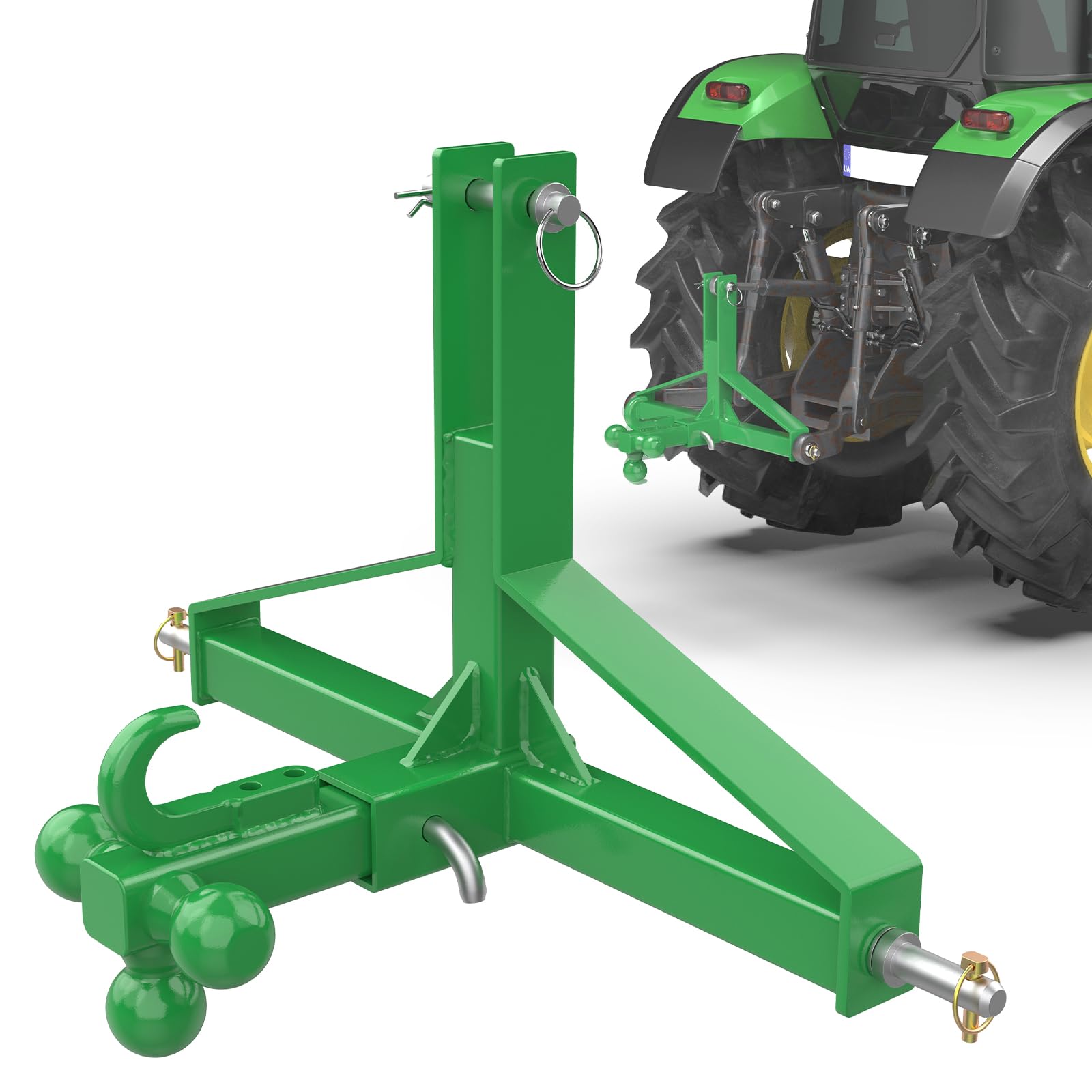 Enganche de remolque verde de 3 puntos con receptor de 5,1 cm y enganche de bola de remolque con gancho, enganche de barra de enganche de tractor, enganche rápido de 3 puntos para equipos