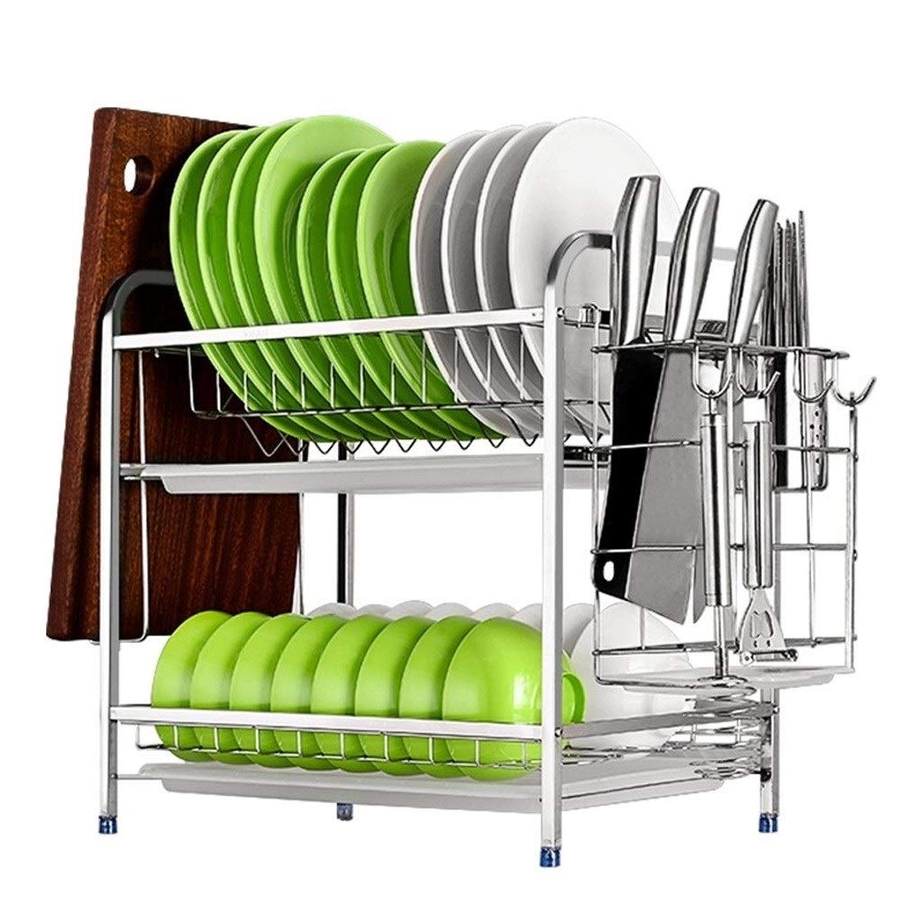 Geschirrkorb Dish Wschetrockner 304 Edelstahl 2 Tier Abtropfbrett mit Abtropffläche, Utensil Halter, Schneidebrett Halter, Messer und Bänkchen Dish Drainer for KücheCountertop Geschirr Abtropfgestell