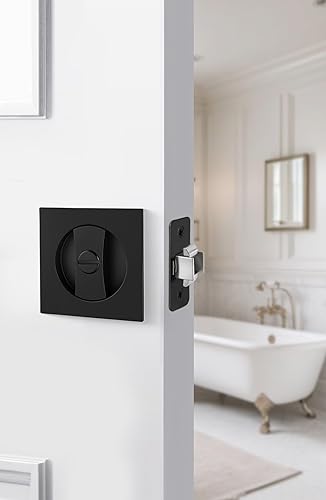 Miniatura 2 de goldenwarm Cerradura de puerta cuadrada negra mate, herrajes para puerta de bolsillo para orificio redondo de 2-18 pulgadas, manijas de puerta de