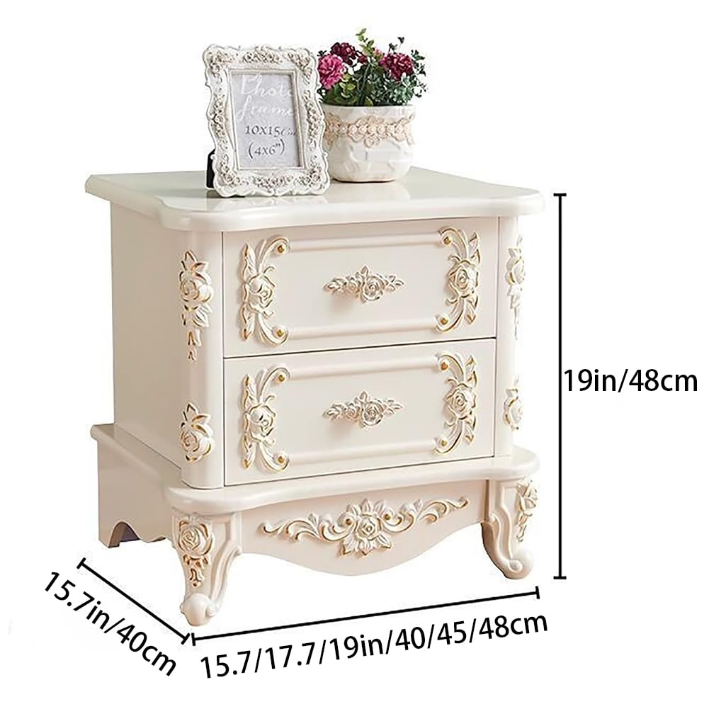 Comodino in Stile provenzale Francese, con Motivo Floreale in Legno e 2 cassetti, Ideale per Camera da Letto e Soggiorno (Bianco e Argento).