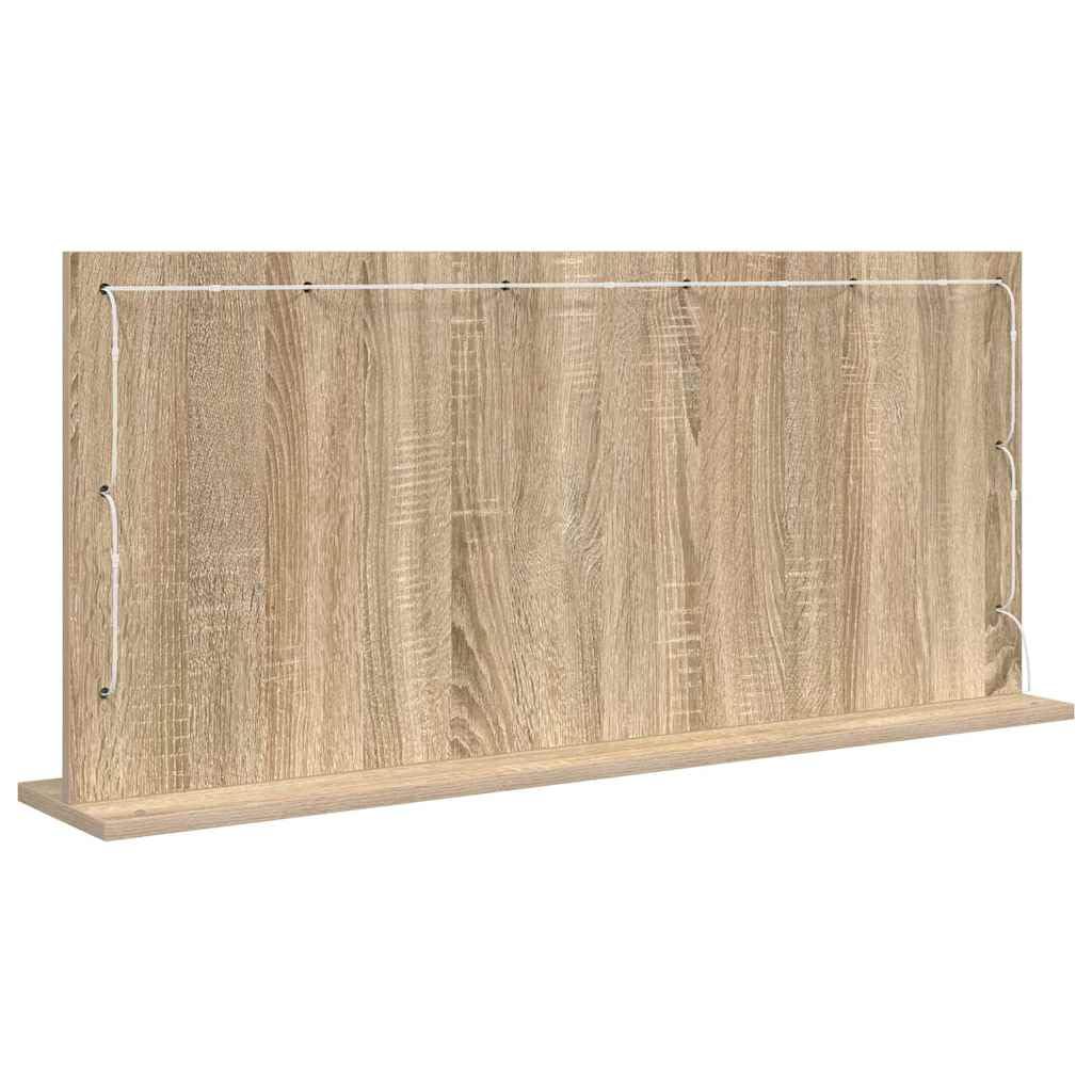Specchio da bagno a LED ad angolo retto Sonoma, 100 x 45 x 18 cm, con illuminazione bianco caldo, vetro e legno, per interni