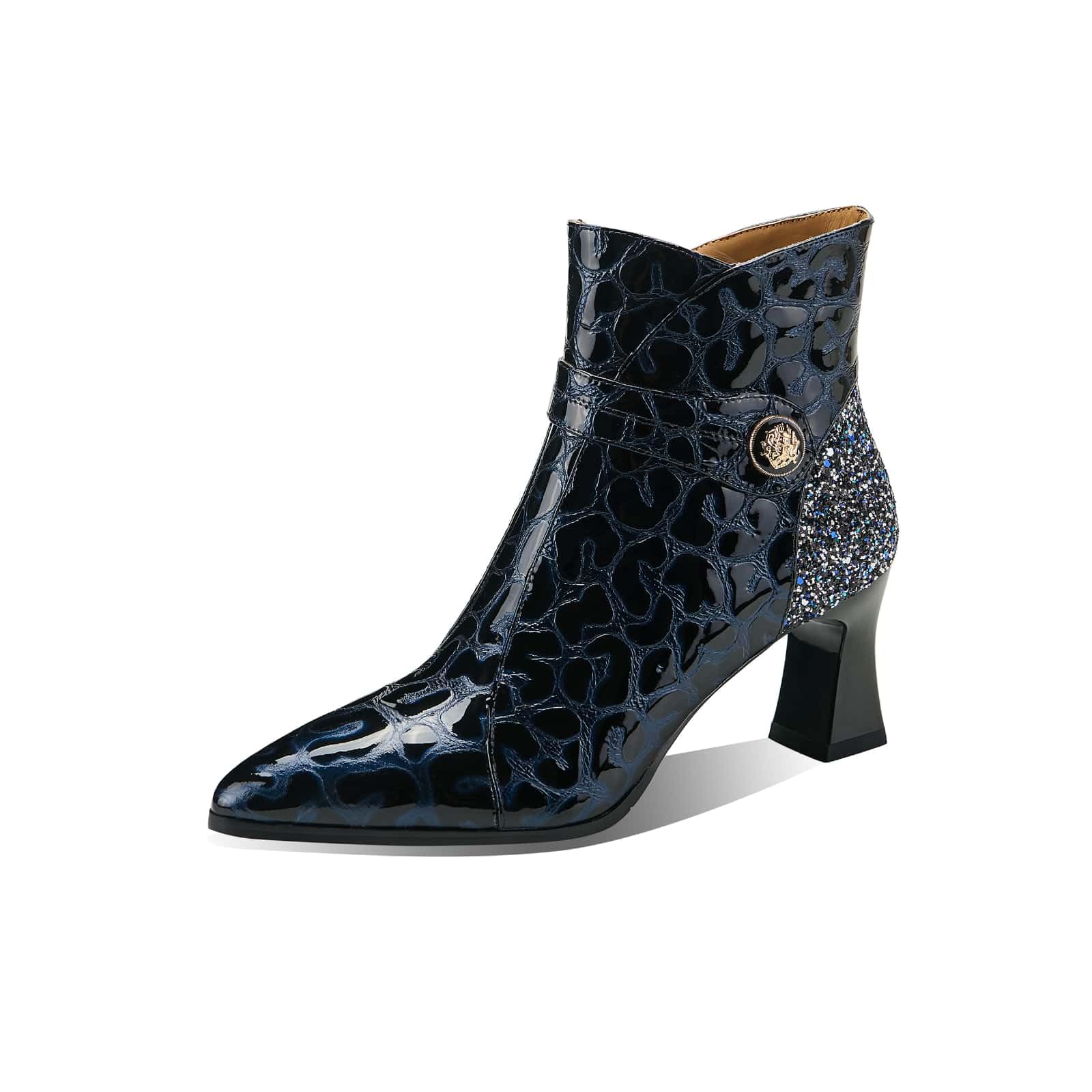 TinaCus Womens Handmade Ankle Boots Patent Leather Sequins Pointed Toe Side Zipper Mid Heel Short Booties
