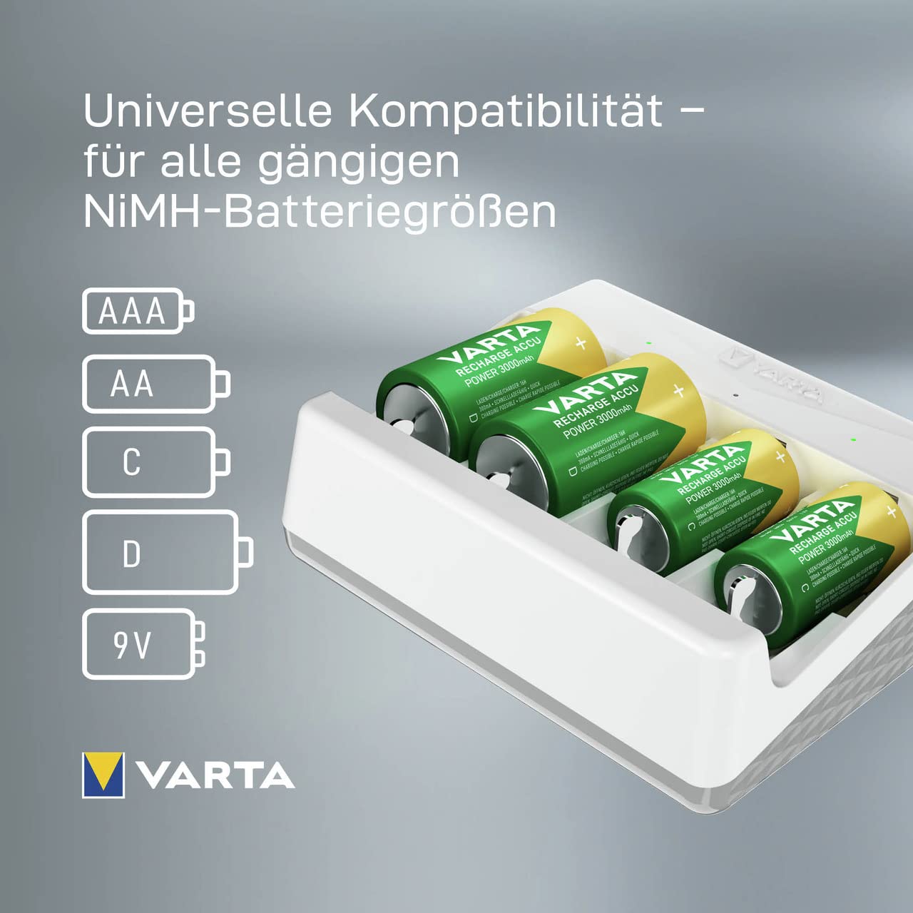 VARTA Akku Ladegerät, Batterieladegerät für wiederaufladbare Batterien, lädt 2 oder 4 AA, AAA, C, D oder 1x 9V gleichzeitig, Universal Charger, mit Sicherheitsabschaltung, unbestückt