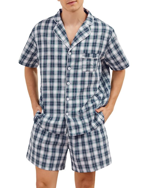 Marvmys Mens 100% Cotton Pajama Set Sleepwear Short Sleeve Pj Set Button Down Lounge Set Plaid Pajamas S-3XL